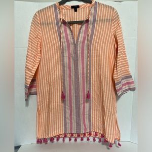 J CREW Orange White Striped Linen Blend Tassel Trim Swimsuit Cover Up Sz Medium